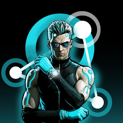 Cyberpunk-style digital illustration of a futuristic male android in black and teal tones, wearing gloves and visor glasses.
