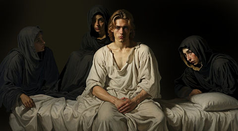 Digital painting of a solemn man seated in white robes, surrounded by three hooded figures in dark clothing, inspired by mythological themes.
