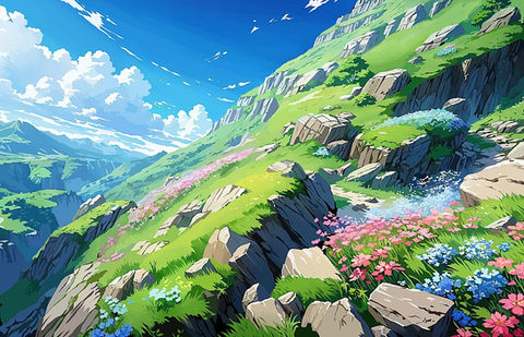 Anime-style digital painting of a green hillside with wildflowers, rocks, and a blue sky.
