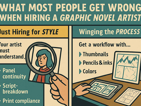 Comic-style infographic listing mistakes to avoid when hiring a graphic novel artist, with tips on pacing, process, and print-readiness.