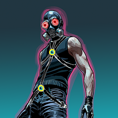 Stylized masked character in black with glowing red eyes and gas mask, standing confidently against a blue gradient background