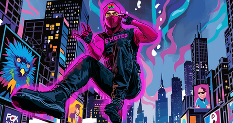 Masked neon ninja character posing in mid-air over a colorful futuristic city background