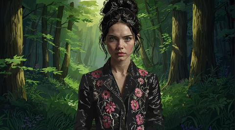 Anime-style digital painting of Amita standing in a green forest, wearing a floral embroidered black jacket.
