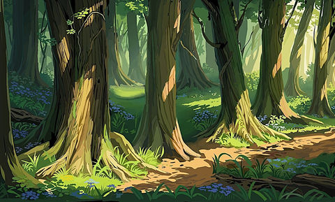 Anime-style forest path with tall trees and dappled sunlight on the ground.
