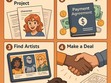 Digital illustration showing 4 steps to commission a comic artist, from script to visual style and project files.