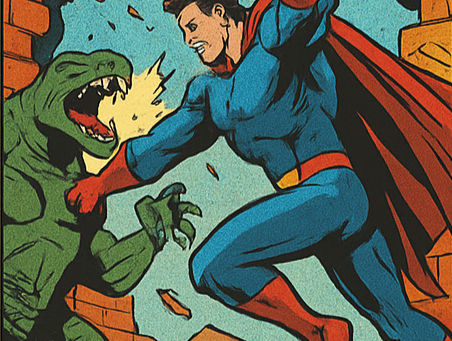 Promotional infographic titled 'Custom Superhero Comic Art' featuring bold visuals of superheroes and service highlights like full-page illustrations, character design, and pop art style.
