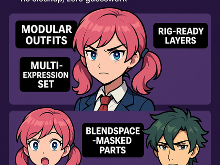 Infographic on outsourcing sprite creation for Unreal Engine visual novels with modular and engine-ready design.