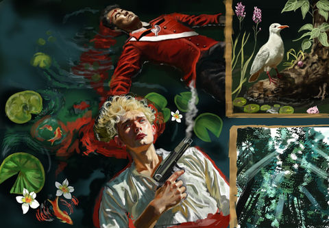 Digital painting of two male figures in water with blood, surrounded by lily pads, koi, and symbolic frames including a bird and forest scene.